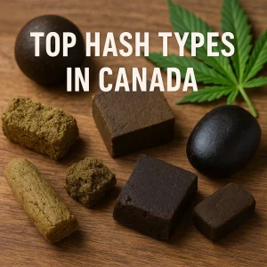 Different types of hash laid out on a wooden surface beside a cannabis leaf, showcasing various textures and colors.