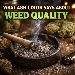 Close-up of a joint burning in an ashtray surrounded by cannabis buds, showing white ash that indicates clean, high-quality weed.