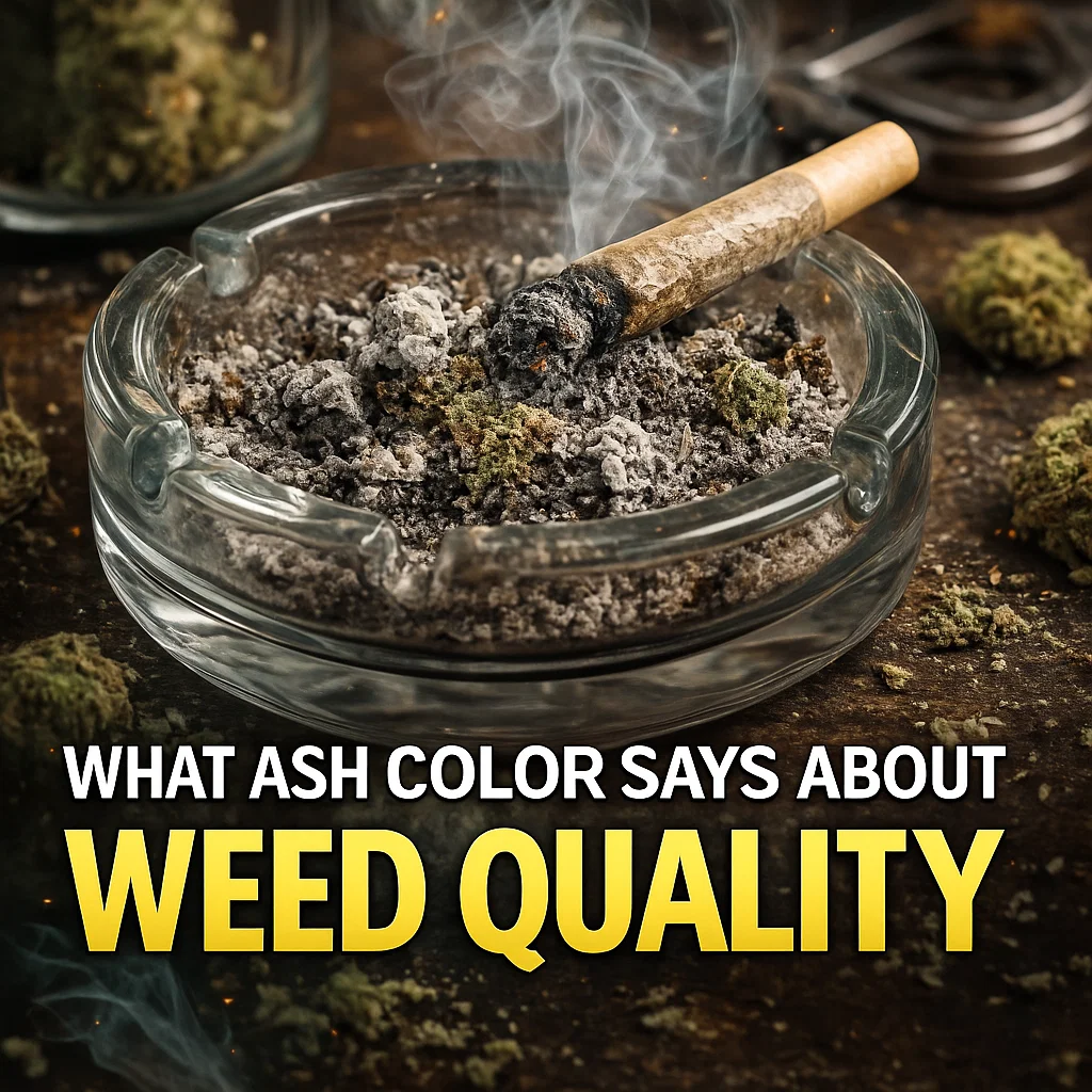 Joint resting in a glass ashtray with white and gray ash, surrounded by cannabis buds on a wooden surface.
