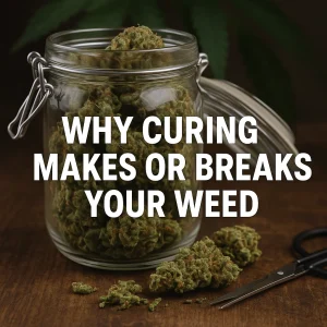Glass jar filled with cured cannabis buds beside scissors on a wooden table.