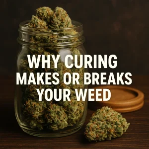 Cured cannabis buds stored in a sealed jar with one nug displayed on a table.