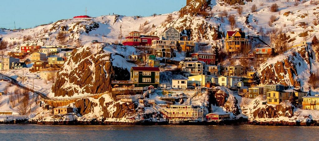 Panoramic view of downtown St. John's, Newfoundland harbor, and the historic Narrows from Signal Hill.