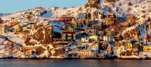 Panoramic view of downtown St. John's, Newfoundland harbor, and the historic Narrows from Signal Hill.