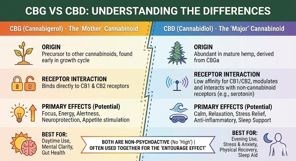 Infographic chart comparing the differences between CBG (Cannabigerol) and CBD (Cannabidiol) benefits, receptor interactions, and best uses.