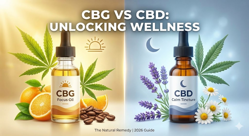 Split image showing CBG Focus Oil with morning elements versus CBD Calm Tincture with evening elements.