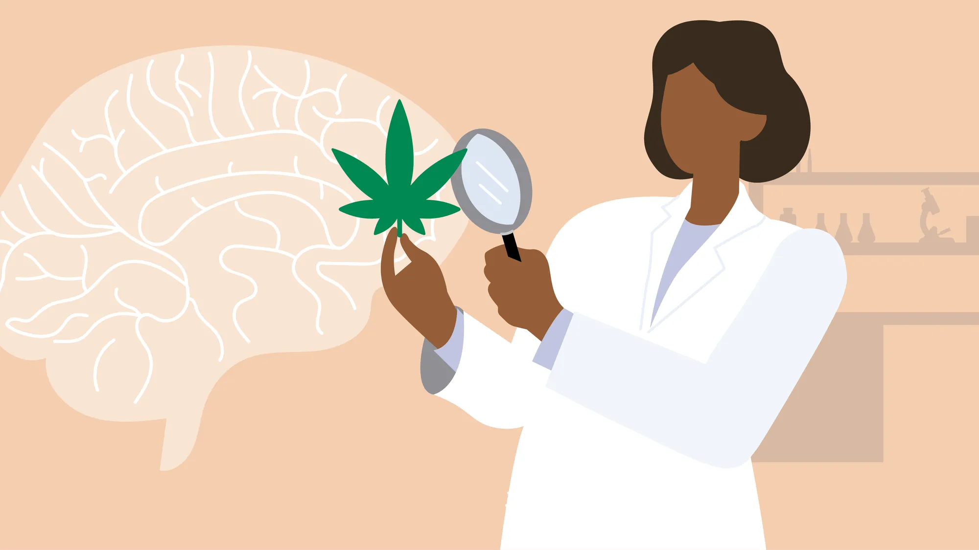Illustration of a scientist examining a cannabis leaf with a magnifying glass in front of a large human brain diagram, representing research on cannabis and the brain.