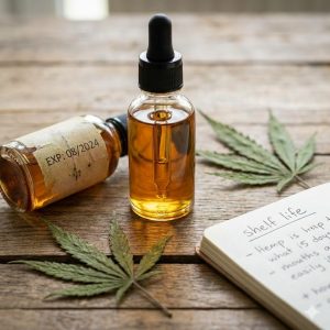 Two amber glass CBD oil bottles on a rustic wooden table, one lying on its side showing an expiration label, surrounded by hemp leaves and a notebook about shelf life.