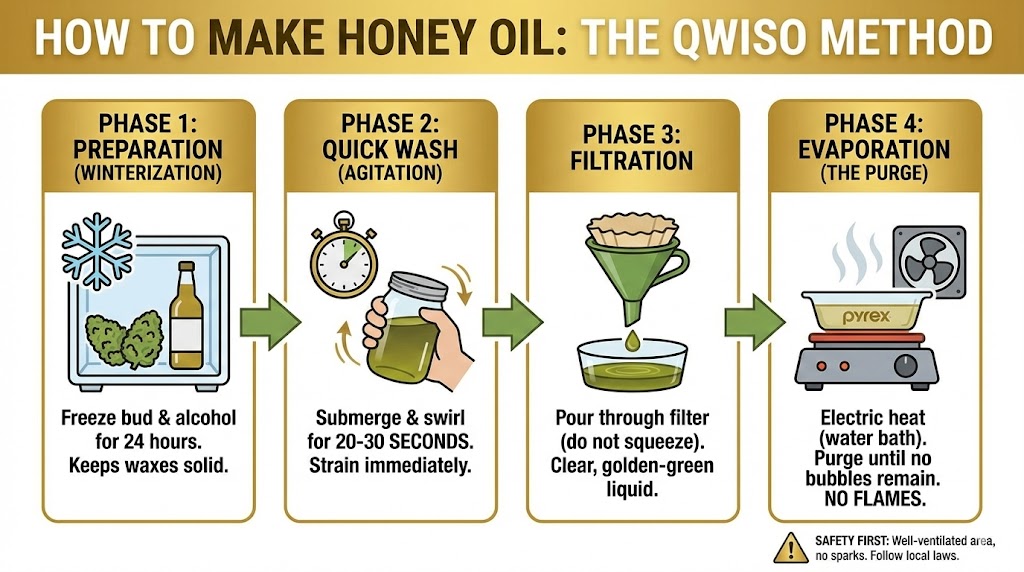 Infographic titled "How to Make Honey Oil: The QWISO Method" illustrating four steps: Preparation (freezing), Quick Wash (20-30s agitation), Filtration, and Evaporation on electric heat.