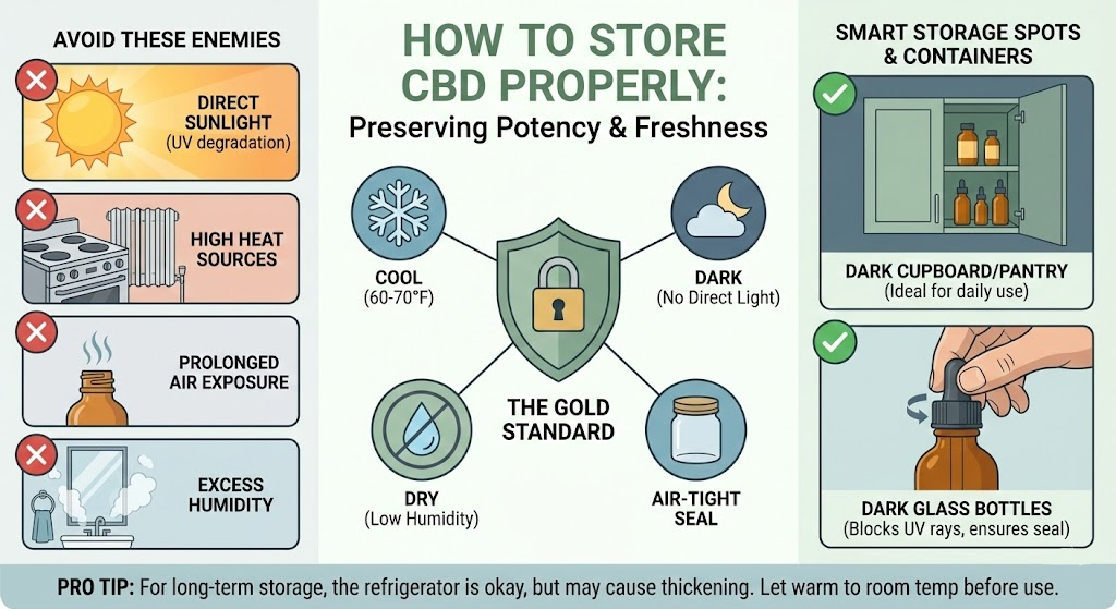 Infographic titled "How to Store CBD Properly" illustrating factors to avoid like sunlight and heat, and best practices like cool, dark, and airtight storage.