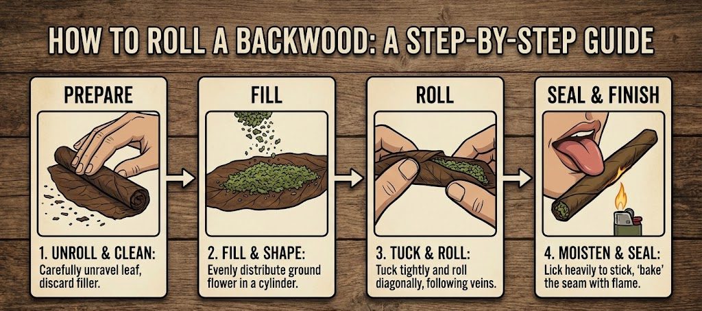 llustrated 4-step guide on how to roll a Backwood: Prepare, Fill, Roll, and Seal.