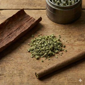 Unrolled Backwood tobacco leaf, a pile of coarsely ground green cannabis, a metal grinder, and a rolled blunt on a rustic wooden table.