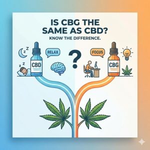 Split graphic comparing CBD for relaxation and sleep versus CBG for focus and work, featuring two dropper bottles and illustrative icons.
