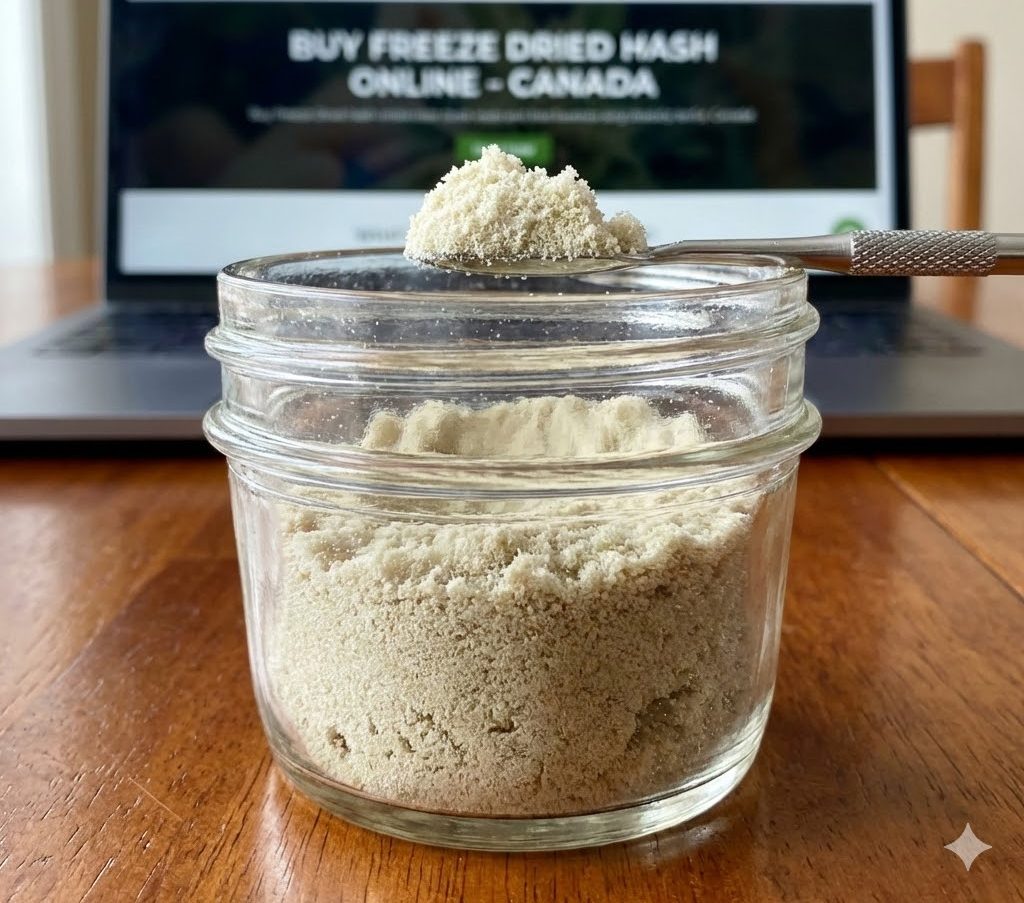 A close-up of a glass jar filled with pale, powdery freeze-dried hash. A metal dab tool rests on top with a scoop of the hash, while a laptop in the background shows a webpage reading "Buy Freeze Dried Hash Online - Canada."