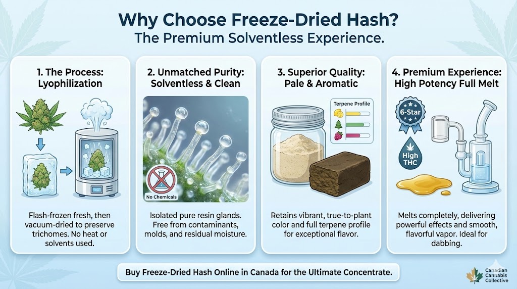 An infographic titled "Why Choose Freeze-Dried Hash?" detailing four key benefits: the lyophilization process, solventless purity, pale and aromatic quality, and the high-potency full melt experience.
