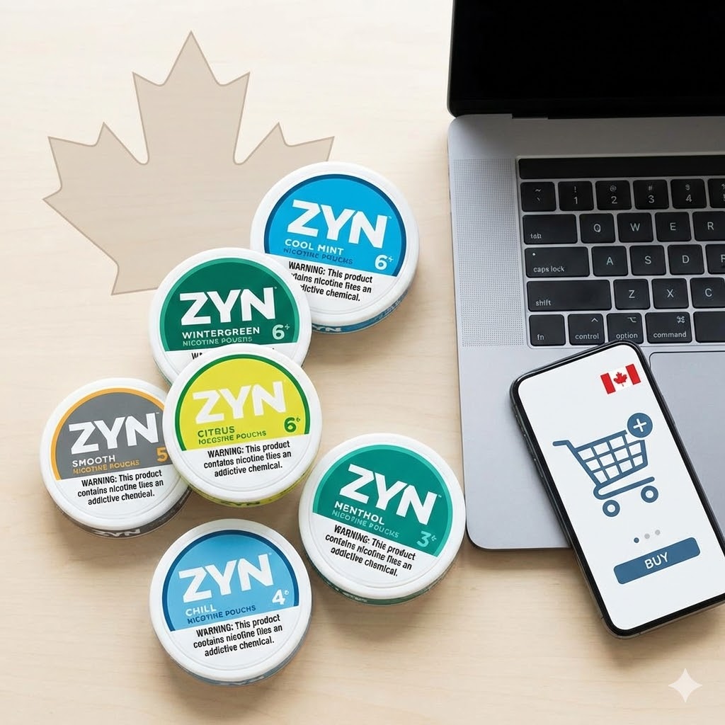 A top-down view of six Zyn nicotine pouch tins (Cool Mint, Wintergreen, Citrus, Menthol, Smooth, and Chill) next to a laptop and a smartphone displaying a Canadian shopping cart app.