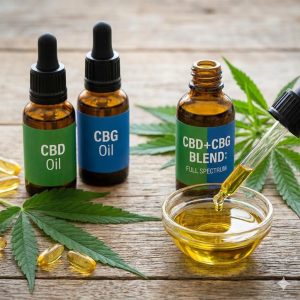 Three amber dropper bottles sitting on a wooden table; one labeled "CBD Oil," one "CBG Oil," and a central bottle labeled "CBD+CBG Blend," next to a glass bowl of golden oil and cannabis leaves.