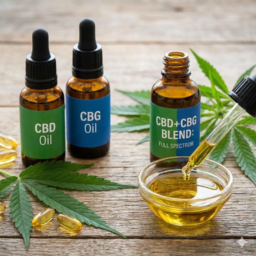 Three amber dropper bottles sitting on a wooden table; one labeled "CBD Oil," one "CBG Oil," and a central bottle labeled "CBD+CBG Blend," next to a glass bowl of golden oil and cannabis leaves.