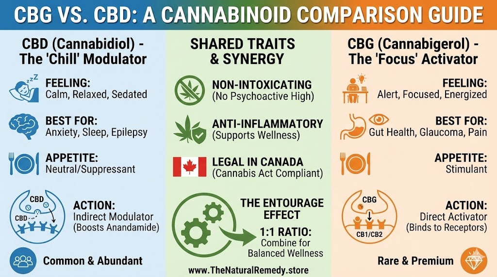 Comparison infographic titled "CBG vs. CBD" detailing differences in feelings, medical benefits, appetite, and mechanism of action.