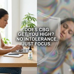 A split-screen image showing a focused woman working at a laptop with a bottle of CBG oil on the left, contrasted with a blurred, sleeping figure on the right.