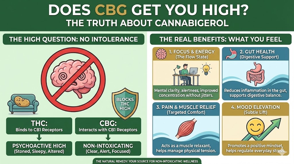 Infographic titled "Does CBG Get You High?" comparing THC's psychoactive effects with CBG's non-intoxicating benefits like focus, gut health, and muscle relief.