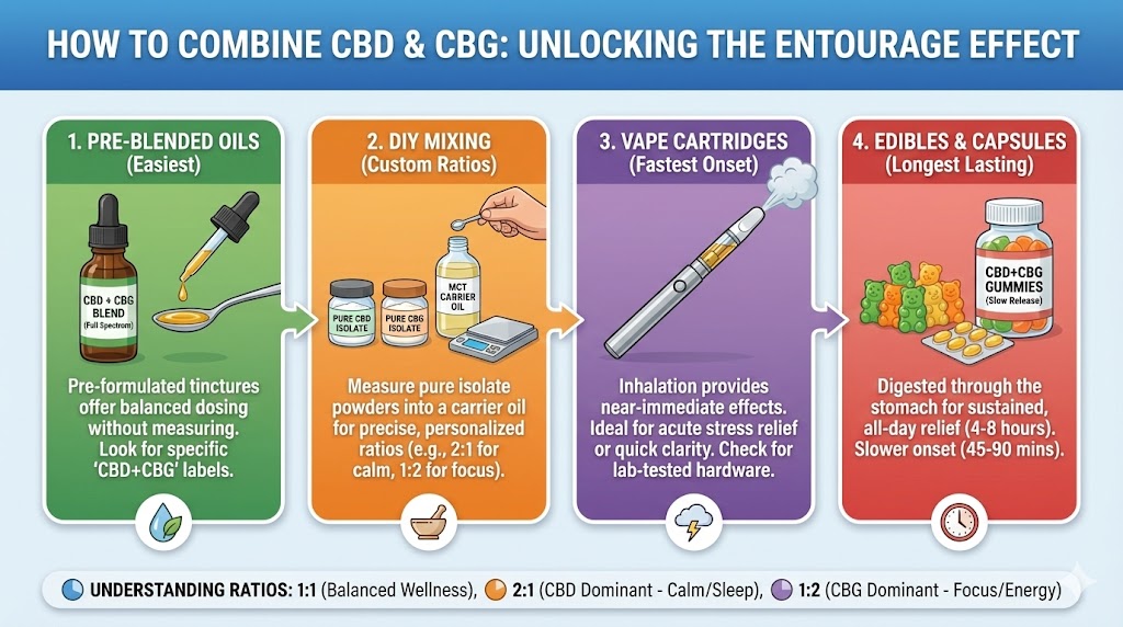 Infographic titled "How to Combine CBD & CBG: Unlocking the Entourage Effect" showing four methods: Pre-blended oils, DIY mixing with isolates, Vape cartridges, and Edibles/Capsules.