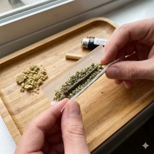 Close-up of hands holding a rolling paper filled with ground cannabis and a thin snake of dark hash in the center.
