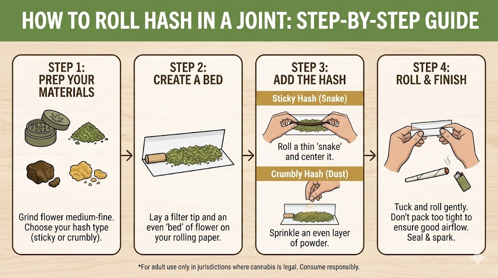 Infographic titled "How to Roll Hash in a Joint" illustrating four steps: prep materials, create a bed, add hash (snake or dust), and roll.