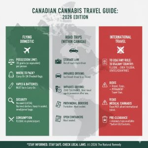 Infographic titled "Canadian Cannabis Travel Guide: 2026 Edition" comparing rules for Flying Domestic (Green), Road Trips (Grey), and International Travel (Red).