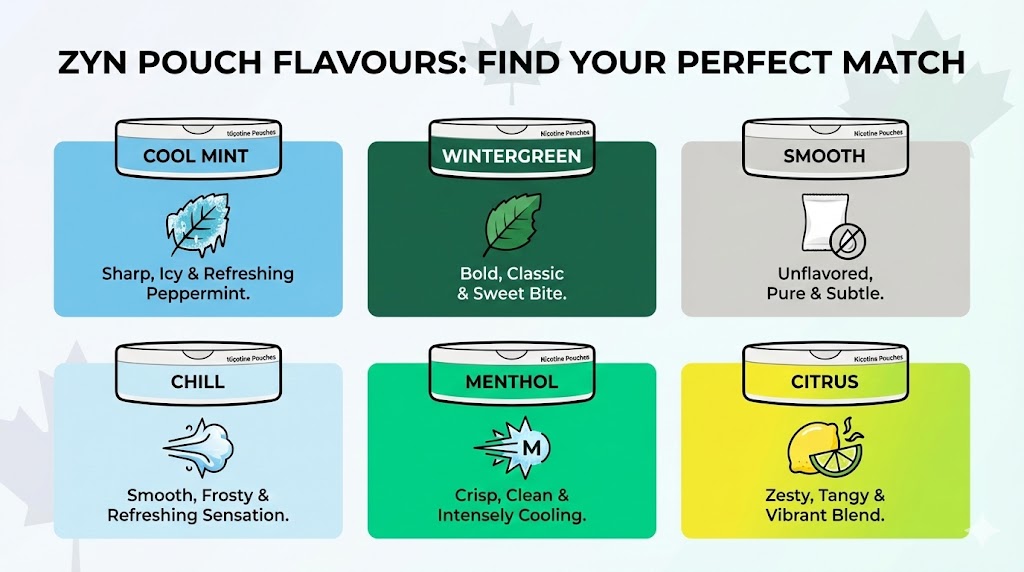 A 16:9 infographic titled "Zyn Pouch Flavours: Find Your Perfect Match" detailing six flavors: Cool Mint, Wintergreen, Smooth, Chill, Menthol, and Citrus.