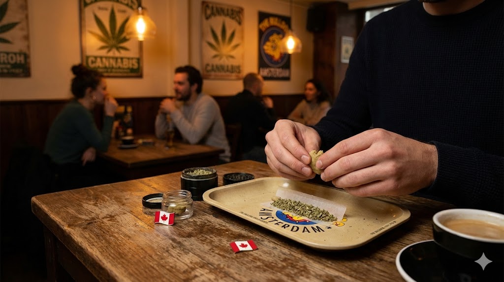 A person crumbling soft, blond Amsterdam-style Bulldog hash over a rolling tray in a coffeeshop setting, with small Canadian flags on the wooden table.