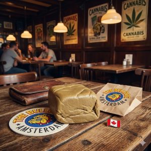 A large block of soft, brown Bulldog hash sitting on a wooden table next to a Bulldog Amsterdam paper bag, coaster, and a Canadian flag pin.