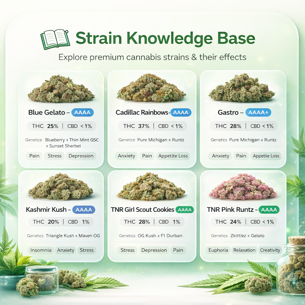 Strain knowledge base cannabis guide featuring premium strains like Blue Gelato, Cadillac Rainbows, Gastro, Kashmir Kush, Girl Scout Cookies, and Pink Runtz with THC and genetics information.