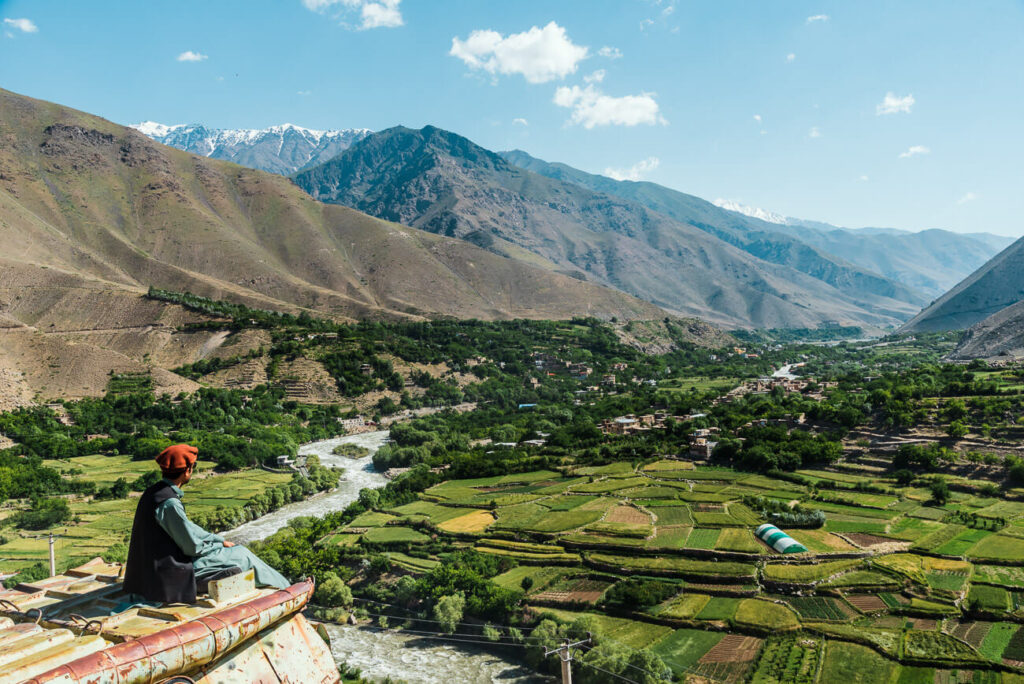 Panjshir Valley farmland and mountains in Afghanistan, home of traditional Afghani hash